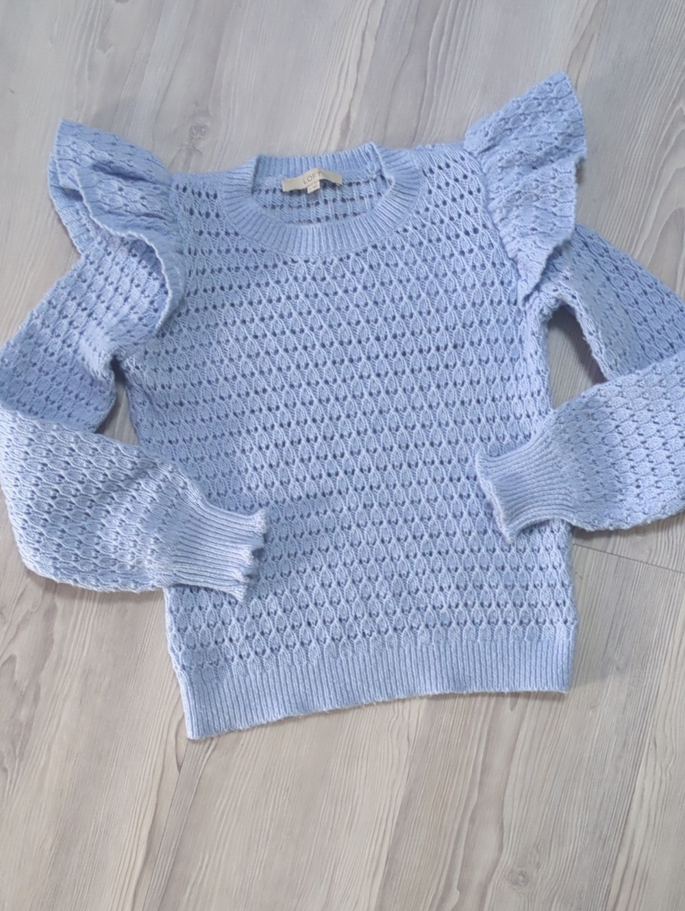 LOFT Pointelle Ruffle Shoulder Sweater S Baby Blue Open Knit Feminine Preppy